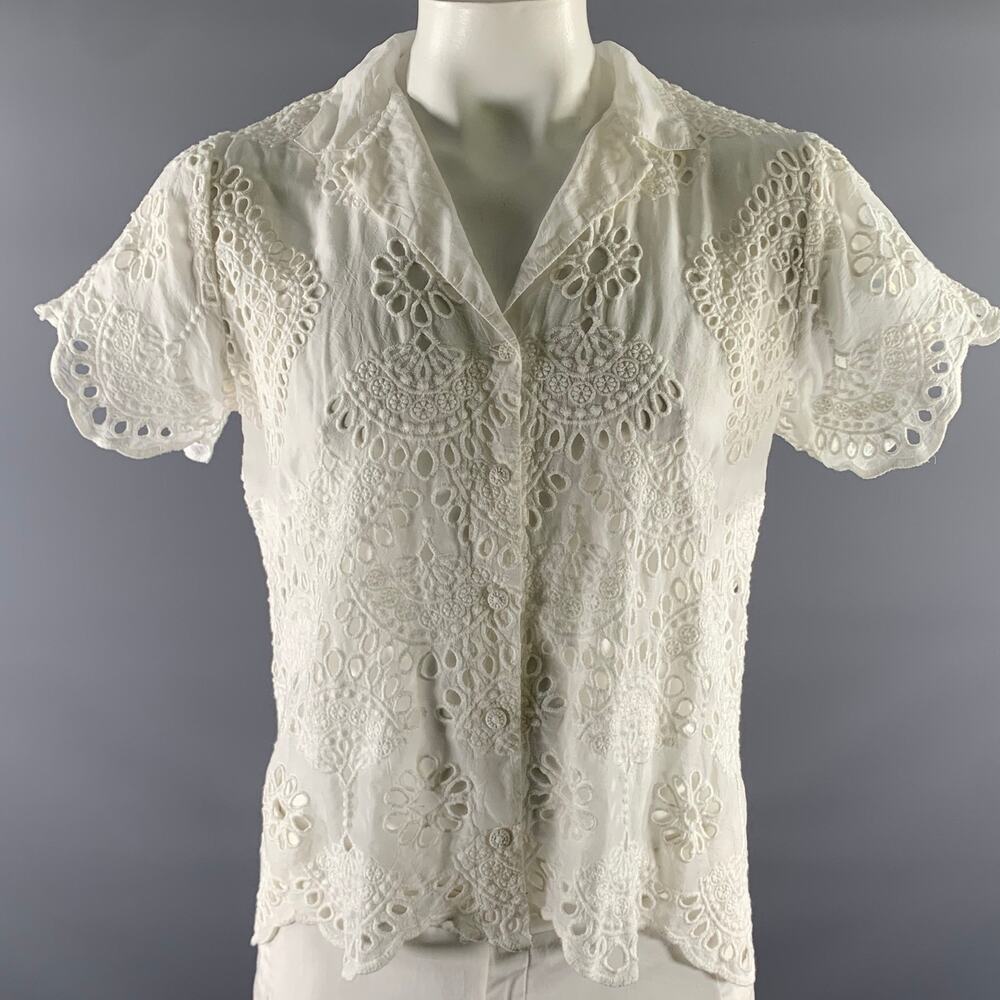 JOHNNY WAS Size XL White Rayon Doily Camp Collar Short Sleeve Shirt